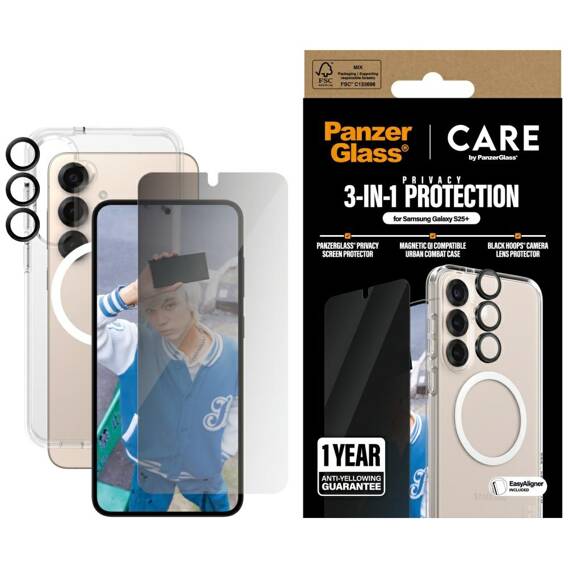 3in1 Set SAMSUNG GALAXY S25+ Case + Privacy Glass + Lens Cover CARE by PanzerGlass Flagship Clear transparent