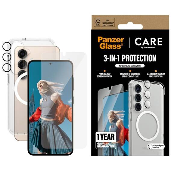 3in1 Set SAMSUNG GALAXY S25 Case + Tempered Glass + Lens Glass CARE by PanzerGlass Flagship Clear transparent