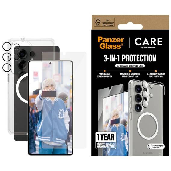 3in1 Set SAMSUNG GALAXY S25 ULTRA Case + Tempered Glass + Lens Glass CARE by PanzerGlass Flagship Clear transparent