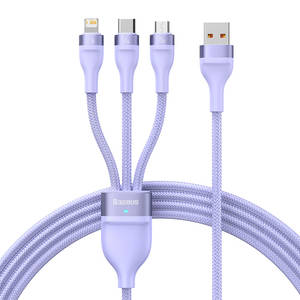 3in1 USB cable Baseus Flash II Series, USB-C + micro USB + Lightning, 66W, 1.2m (Purple)