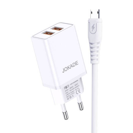 5V/3A mains charger (2x USB) + 1m cable (USB - microUSB) Jokade Liangzi Dual Port Smart EU Charger Set (JB024) white