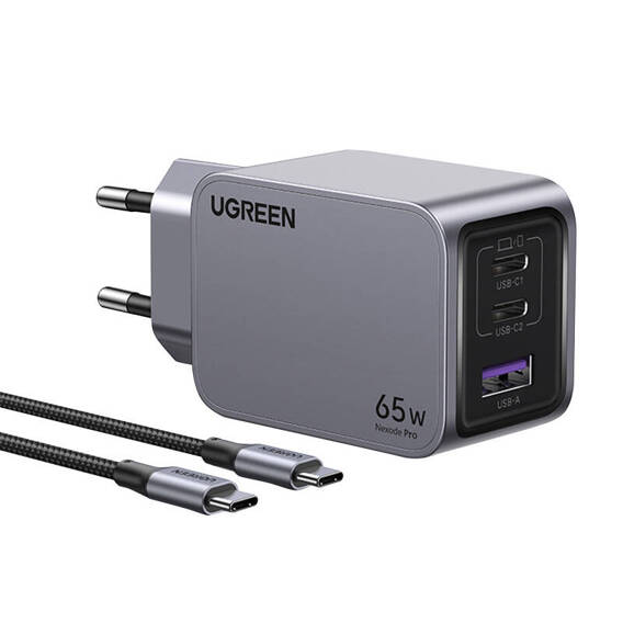 65W USB Wall Charger + 2x USB-C + USB-C - USB-C Cable 1.5m UGREEN Nexode Pro black