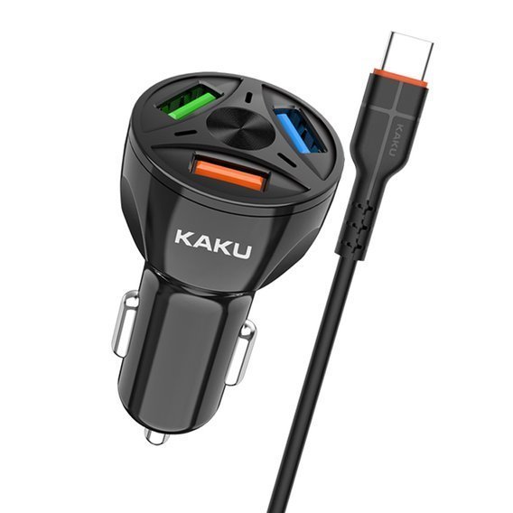 Car Charger 20W 4,8A QC3.0 3xUSB + Cable USB Type C KAKU Three Port Quick Charge 3.0 Car Charger with USB-C Cable (KSC-493) black