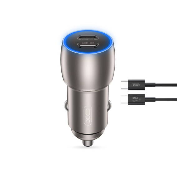 Car Charger 40W 2x USB-C PD + Kabel USB-C - USB-C XO CC51 grey