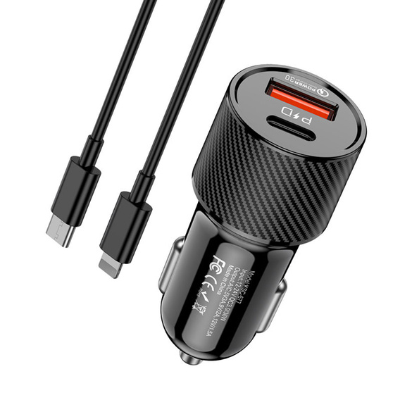 Car Charger (USB type C PD + USB QC3.0) + Cable USB-C - Apple Lightning 1m Kakusiga KSC-678 black