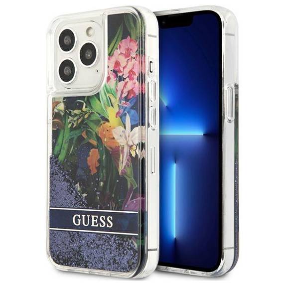 Case IPHONE 13 PRO Guess Hardcase Flower Liquid Glitter (GUHCP13LLFLSB) blue