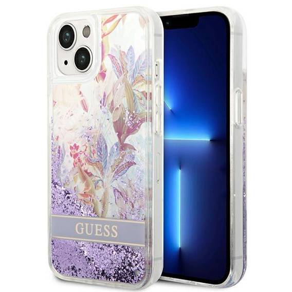 Case IPHONE 14 Guess Hardcase Flower Liquid Glitter transparent purple