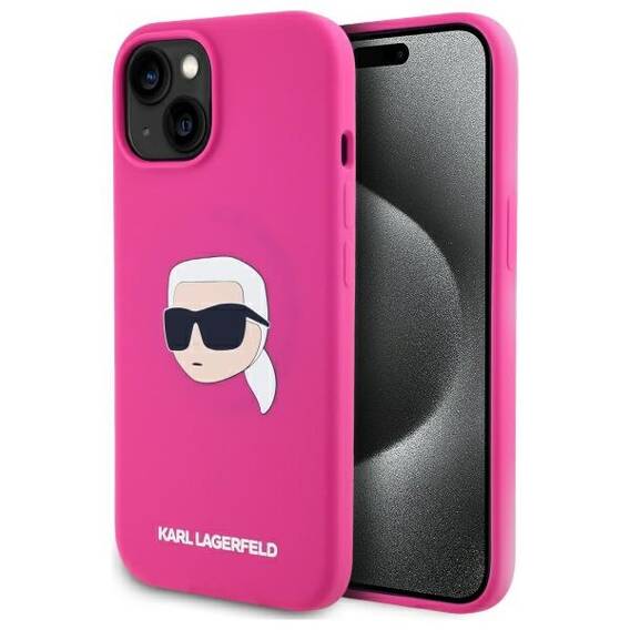 Case IPHONE 15 Karl Lagerfeld Hardcase Silicone Karl Head Print MagSafe (KLHMP15SSKHPPLF) fuchsia