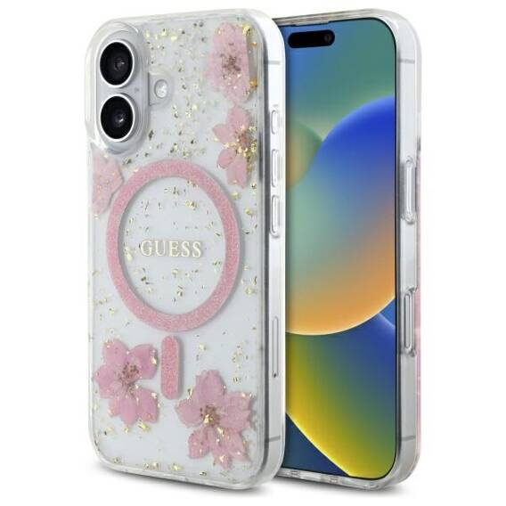 Case IPHONE 16 Guess Hardcase Resin Flower Glitter MagSafe (GUHMP16SRBFGFGMP) pink