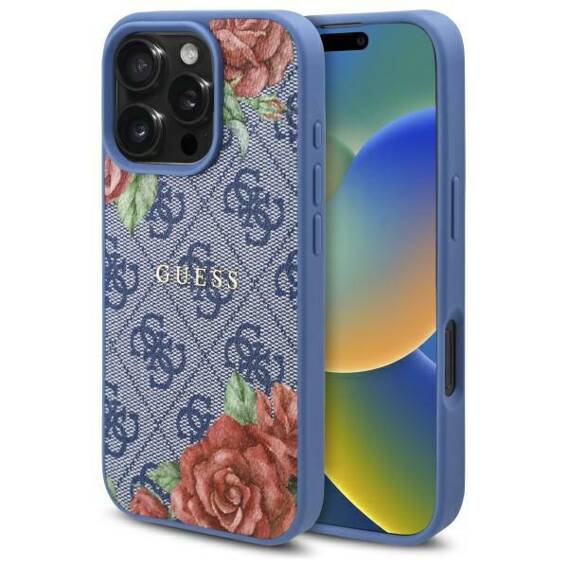 Case IPHONE 16 PRO MAX Guess Hardcase 4G Flowers Print MagSafe (GUHMP16XP4ROPEMCB) blue