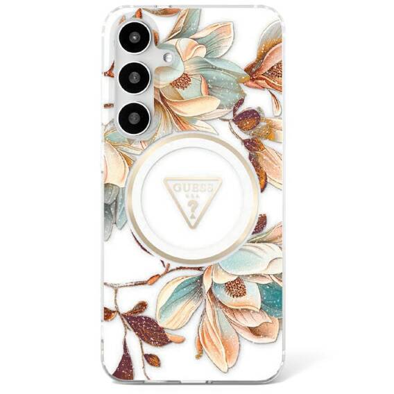 Case SAMSUNG GALAXY S25 Guess Glitter Flowers Triangle Buttons MagSafe white