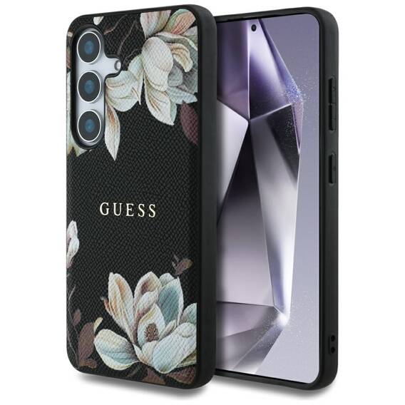 Case SAMSUNG GALAXY S25 Guess Grained Printed Flower Pattern MagSafe black