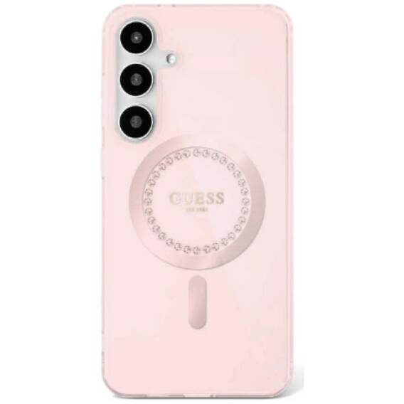 Case SAMSUNG GALAXY S25 Guess Rhinestones Printed Classic Logo MagSafe pink