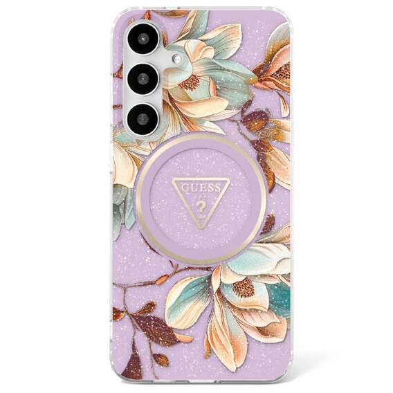 Case SAMSUNG GALAXY S25 ULTRA Guess Glitter Flowers Triangle Buttons MagSafe purple