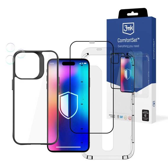 Case + Tempered Glass IPHONE 14 PRO 3MK Comfort Set 4in1 ( + Hybrid glass for lenses) transparent