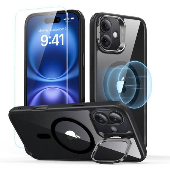 Case with stand + tempered glass IPHONE 16 ESR Classic Hybrid Kickstand Halolock MagSafe & Tempered Glass Clear black