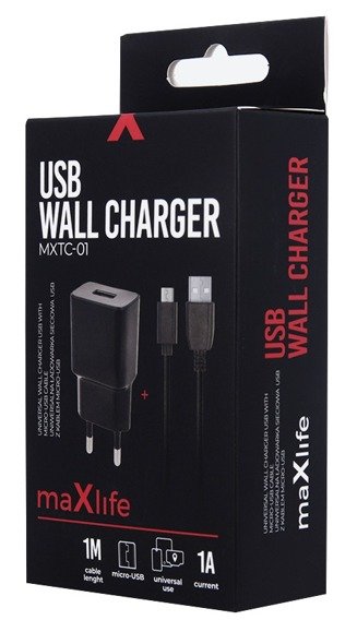 Charger 1A Maxlife +cable Micro USB black