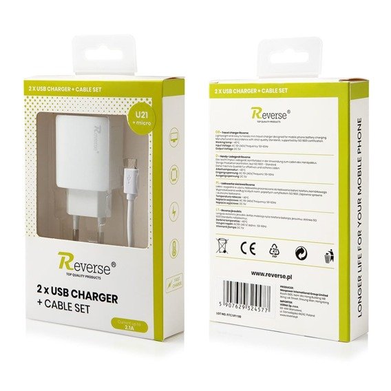 Charger Reverse Micro USB 2A 2XUSB+KAB 1M U21 white