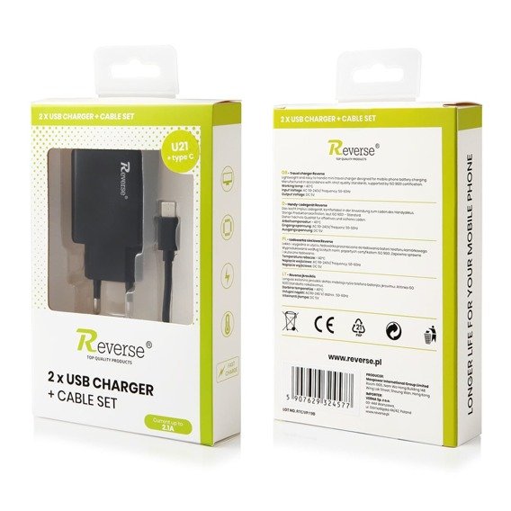Charger Reverse Type C 2A 2xUSB + cable 1 Meter U21