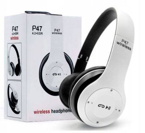 Foldable headphones Wireless P47 Bluetooth 5.0 EDR MicroSD MP3 microphone white