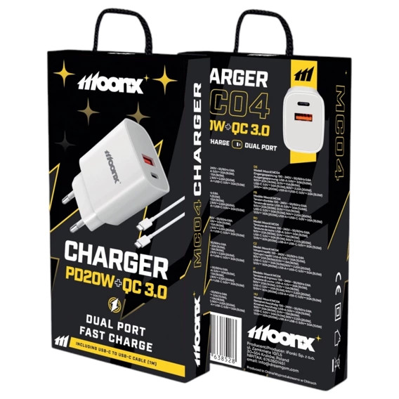 MOONX MC04 power charger, USB-C PD 20W + USB QC3.0 + USB-C/USB-C cable white