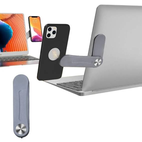 Magnetic Phone Holder Attached to Laptop silver