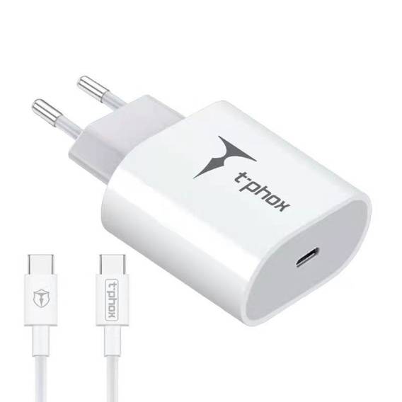 NETWORK CHARGER T-PHOX ISPEED 20W + USB-C/USB-C WHITE CABLE