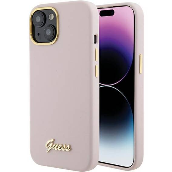 Original Case APPLE IPHONE 15 Guess Hardcase Silicone Script Metal Logo & Frame (GUHCP15SSMBSLP) pink