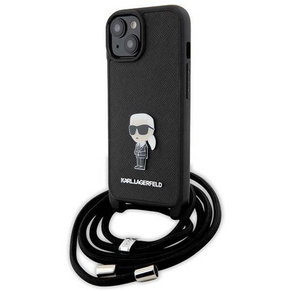 Original Case APPLE IPHONE 15 Karl Lagerfeld Hardcase Crossbody Saffiano Monogram Metal Pin Karl & Choupette (KLHCP15SSASKNPSK) black