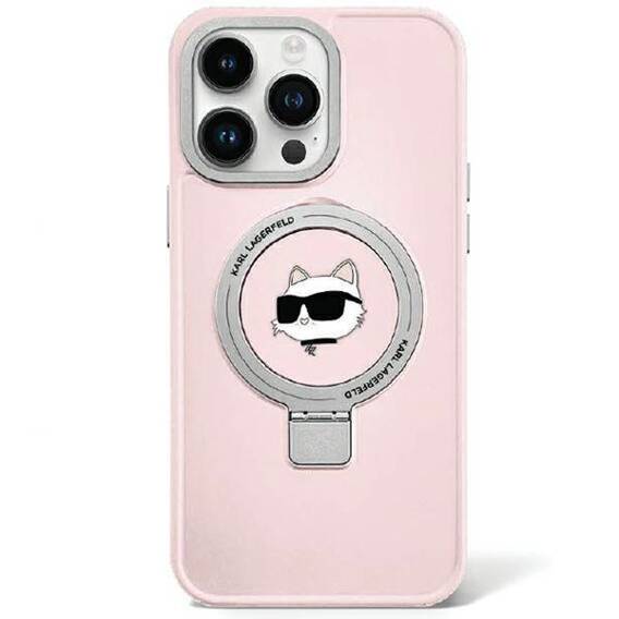 Original Case APPLE IPHONE 15 Karl Lagerfeld Hardcase Ring Stand Choupette Head MagSafe (KLHMP15SHMRSCHP) pink
