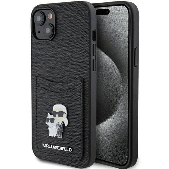 Original Case APPLE IPHONE 15 Karl Lagerfeld Hardcase Saffiano Cardslot Karl&Choupette Metal Pin (KLHCP15SSAPKCNPK) black