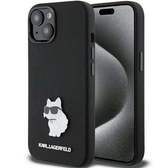 Original Case APPLE IPHONE 15 Karl Lagerfeld Silicone Choupette Metal Pin (KLHCP15SSMHCNPK) black