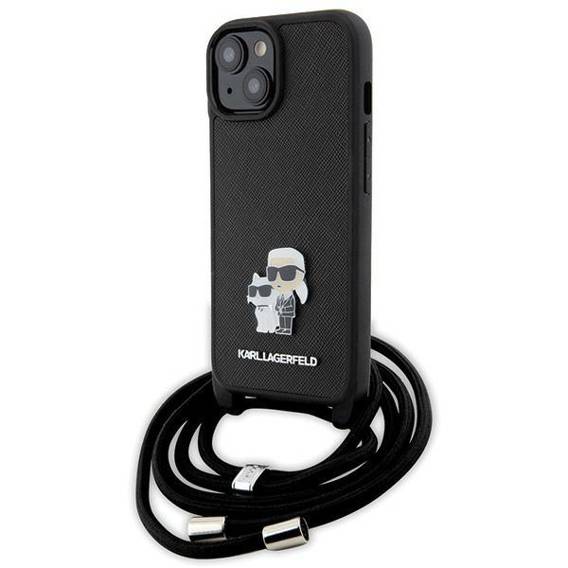 Original Case APPLE IPHONE 15 PLUS Karl Lagerfeld Hardcase Crossbody Saffiano Metal Pin Karl & Choupette (KLHCP15MSAKCPSK) black