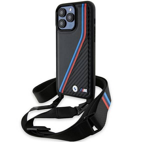 Original Case APPLE IPHONE 15 PRO BMW Hardcase M Edition Carbon Tricolor Lines & Strap (BMHCP15L23PSVTK) black