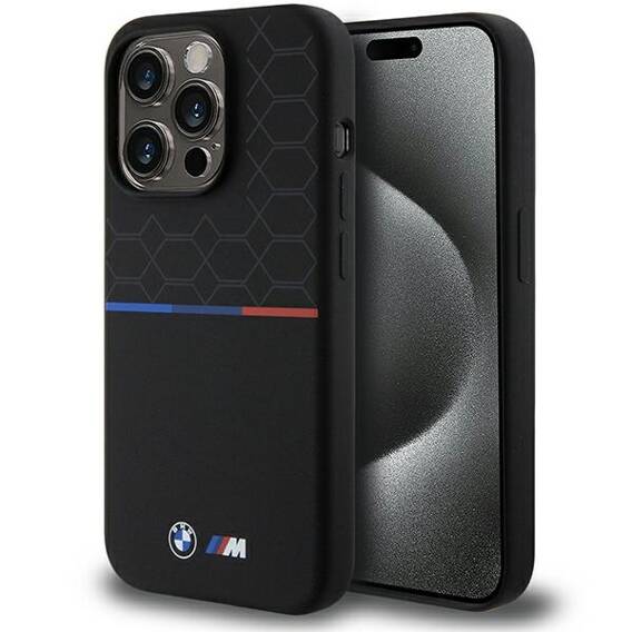 Original Case APPLE IPHONE 15 PRO BMW Hardcase M Silicone Tricolor Lines (BMHMP15L22SMPK) black