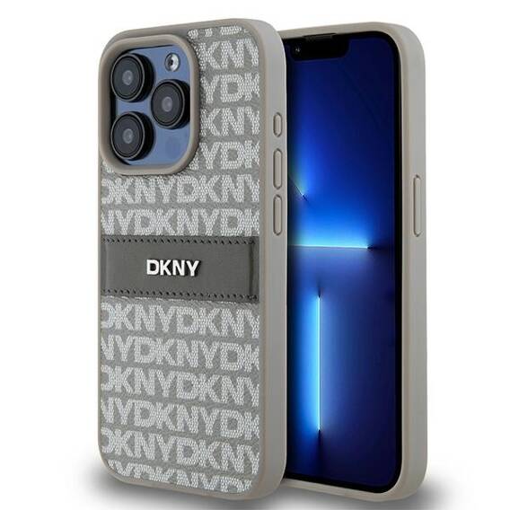 Original Case APPLE IPHONE 15 PRO DKNY Hardcase Leather Mono Stripe & Metal Logo (DKHCP15LPRTHSLE) beige