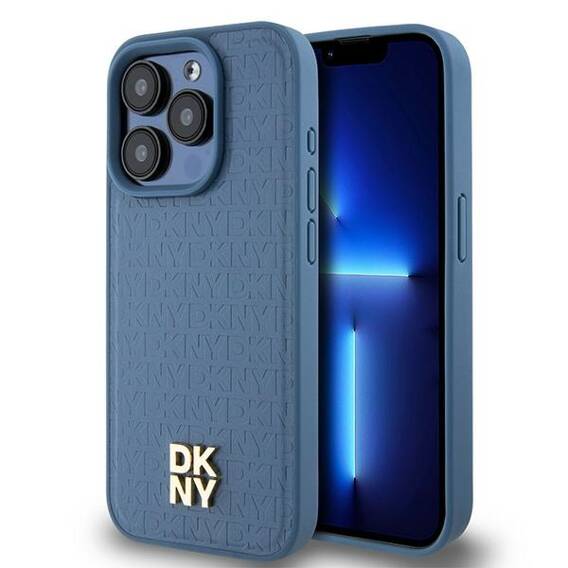 Original Case APPLE IPHONE 15 PRO DKNY Hardcase Leather Monogram Pattern Metal Logo MagSafe (DKHMP15LPSHRPSB) blue
