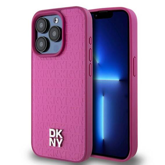 Original Case APPLE IPHONE 15 PRO DKNY Hardcase Leather Monogram Pattern Metal Logo MagSafe (DKHMP15LPSHRPSP) pink