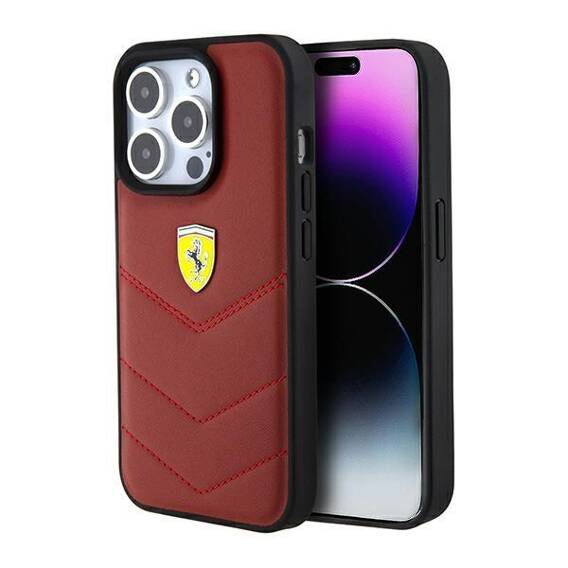 Original Case APPLE IPHONE 15 PRO Ferrari Hardcase Leather Stitched Lines (FEHCP15LRDUR) red