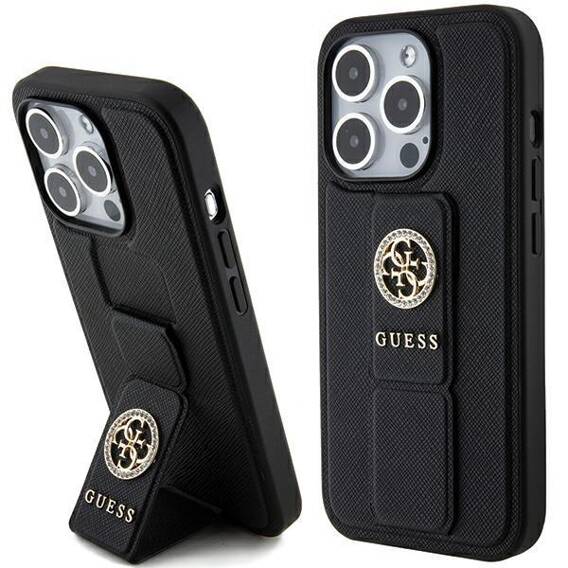 Original Case APPLE IPHONE 15 PRO Guess Hardcase Grip Stand 4G Saffiano Strass (GUHCP15LPGSSADK) black