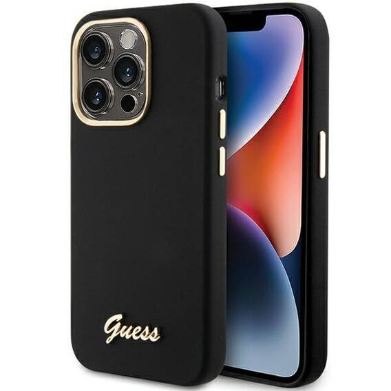 Original Case APPLE IPHONE 15 PRO Guess Hardcase Silicone Script Metal Logo & Frame (GUHCP15LSMBSLK) black