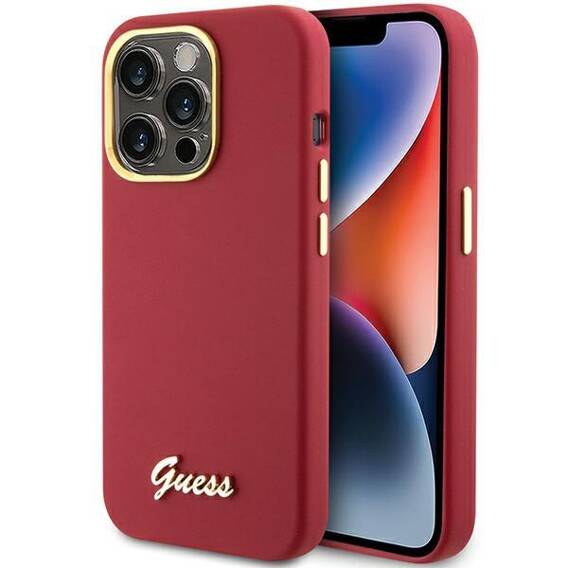 Original Case APPLE IPHONE 15 PRO Guess Hardcase Silicone Script Metal Logo & Frame (GUHCP15LSMBSLM) red