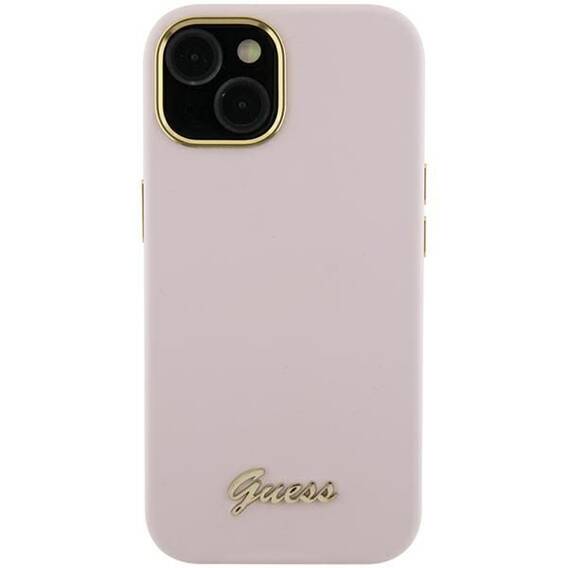 Original Case APPLE IPHONE 15 PRO Guess Hardcase Silicone Script Metal Logo & Frame (GUHCP15LSMBSLP) pink