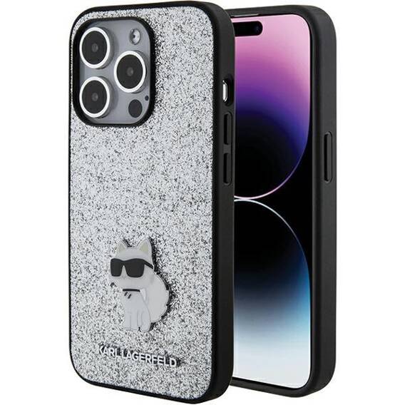 Original Case APPLE IPHONE 15 PRO Karl Lagerfeld Hardcase Fixed Glitter Choupette Logo Metal Pin (KLHCP15LGCNPSG) silver