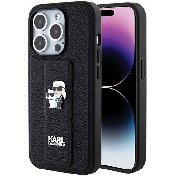 Original Case APPLE IPHONE 15 PRO Karl Lagerfeld Hardcase Gripstand Saffiano Karl&Choupette Pins (KLHCP15LGSAKCPK) black