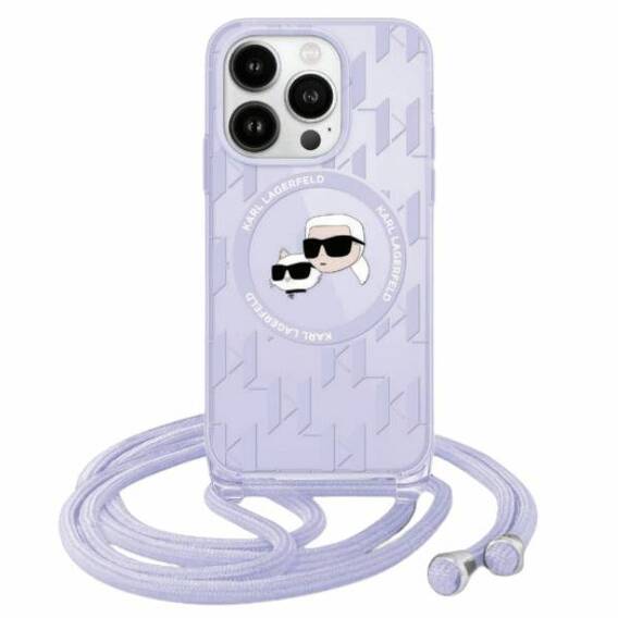 Original Case APPLE IPHONE 15 PRO Karl Lagerfeld Hardcase IML Crossbody Monogram Karl & Choupette Head MagSafe (KLHMP15LHCKCKLCU) purple