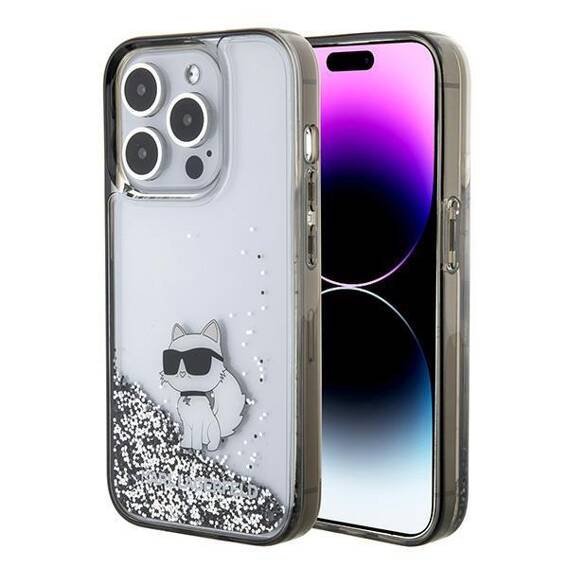 Original Case APPLE IPHONE 15 PRO Karl Lagerfeld Hardcase Liquid Glitter Choupette (KLHCP15LLKCNSK) transparent