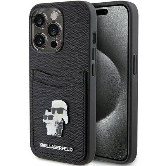 Original Case APPLE IPHONE 15 PRO Karl Lagerfeld Hardcase Saffiano Cardslot Karl&Choupette Metal Pin (KLHCP15LSAPKCNPK) black