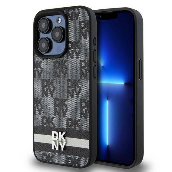 Original Case APPLE IPHONE 15 PRO MAX DKNY Hardcase Leather Checkered Mono Pattern & Printed Stripes (DKHCP15XPCPTSSK) black