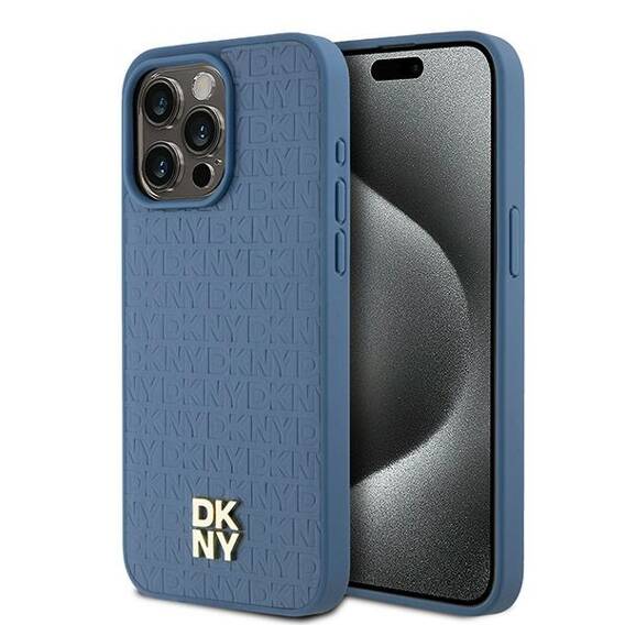 Original Case APPLE IPHONE 15 PRO MAX DKNY Hardcase Leather Monogram Pattern Metal Logo MagSafe (DKHMP15XPSHRPSB) blue